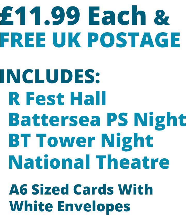 London Landmarks - 4  Card Set £11.99 Includes Royal Festival Hall, National Theatre London, BT Tower Night, Battersea Power Station Night, Cards